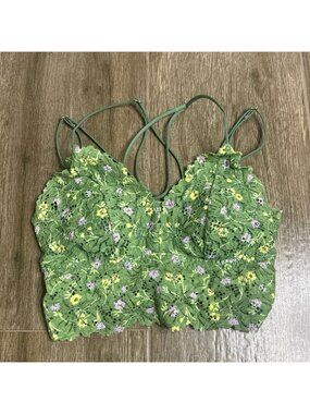 Victoria’s Secret Pink Lace Bralette Green Floral Strappy XS S